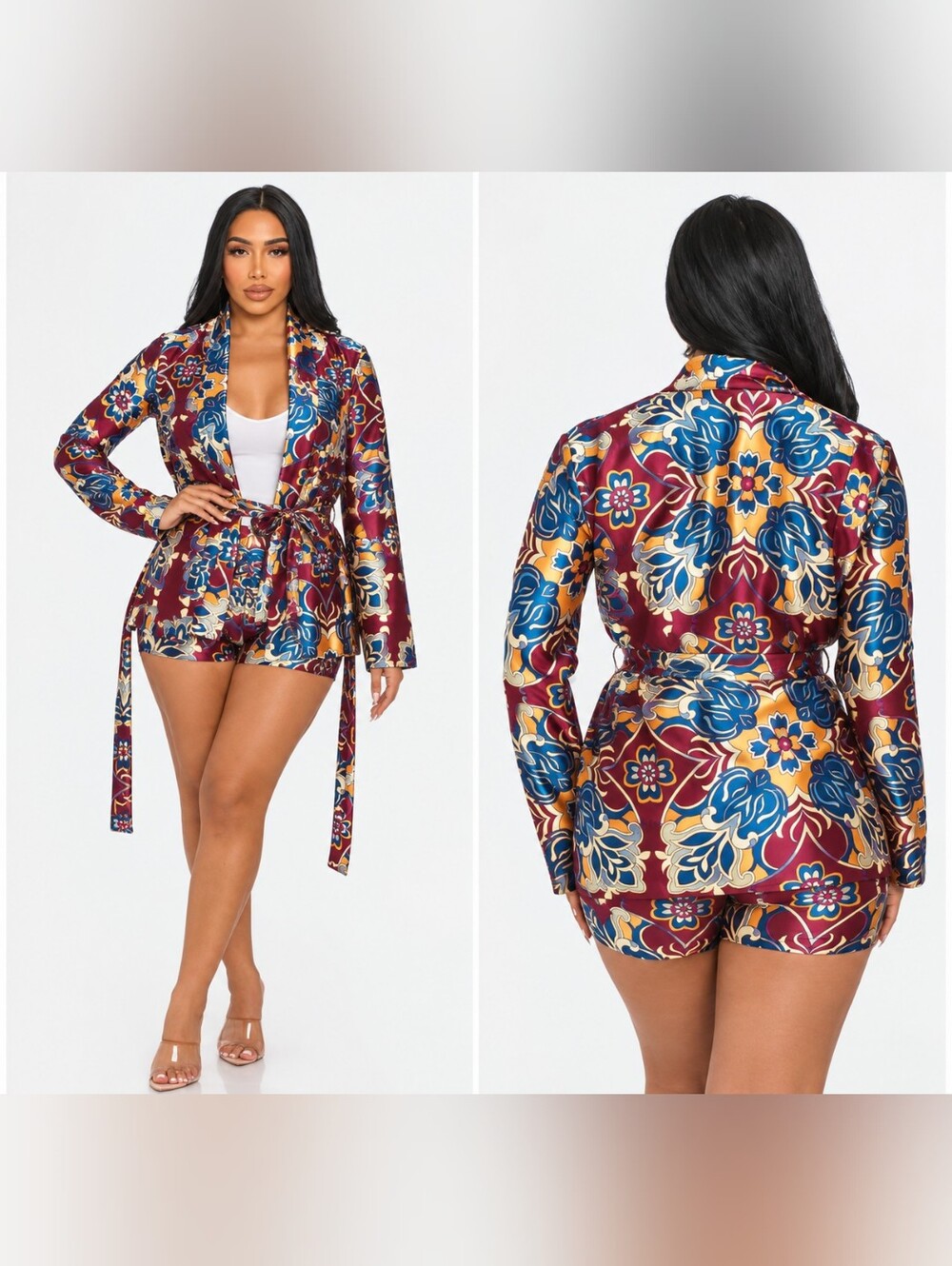 UpTown Women's Burgundy Floral Satin Short Set with Drawstring Waist
